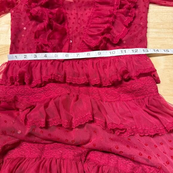 Mac Duggal NWOT Red Sequin Tiered Lace Ruffle High Neck Mesh Victorian Gown Sz 2 - Picture 6 of 8